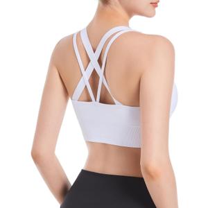 2 x Sports Bras for Women, Criss-Cross Back, Adjustable Wire-Free Medium Support Workout Bra with Removable Cups (White)