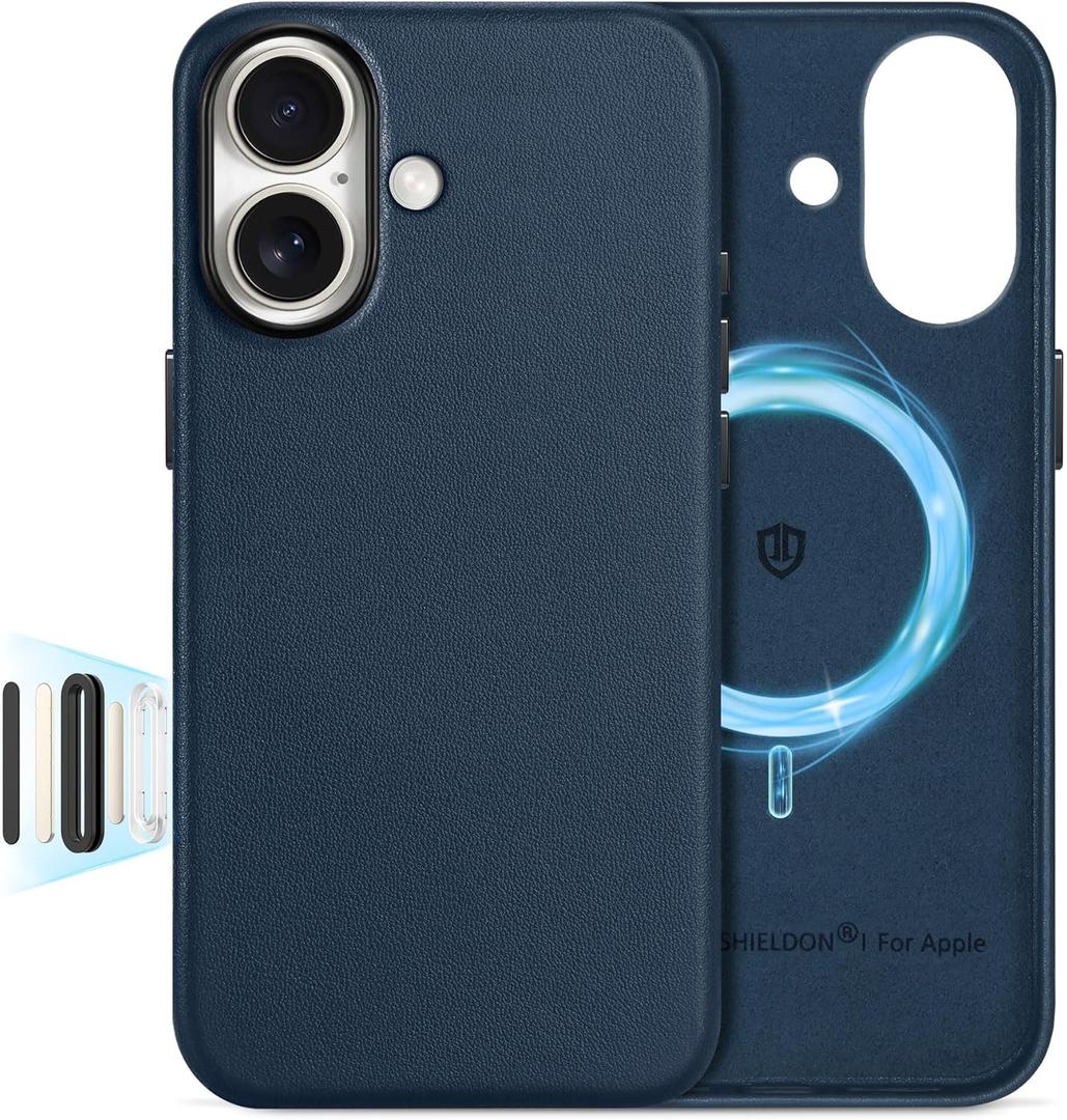 SHIELDON Genuine Leather Case for iPhone 17 6.3" 2025, [Camera Button Updated], Compatible with Magsafe, Magnetic Wireless Charging, Slim Fit, Shockproof, Metal Buttons & Camera Bump Frame - Navy Blue