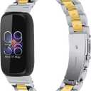 Stainless Steel Band Compatible with Fitbit Inspire 3, Adjustable Metal Watch Bands Bracelets Wristband Replacement for Women Men(Silver-Gold)