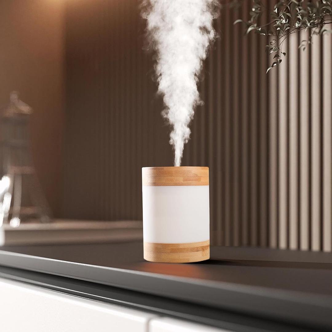Bamboo Ultrasonic Mini Humidifier, 400ml Quiet Desktop Humidifier with Dual LED Night Light, USB-C Powered, Auto Shut-Off, Portable Small Room Air Moisturizer for Bedroom, Desk, Office & Travel