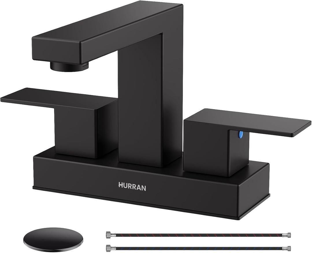 Matte Black Bathroom Sink Faucet, Hurran 4 inch Bathroom Faucets for Sink 3 Hole with Pop-up Drain and Supply Lines, Stainless Steel 2-Handle Faucet for Vanity RV Restroom