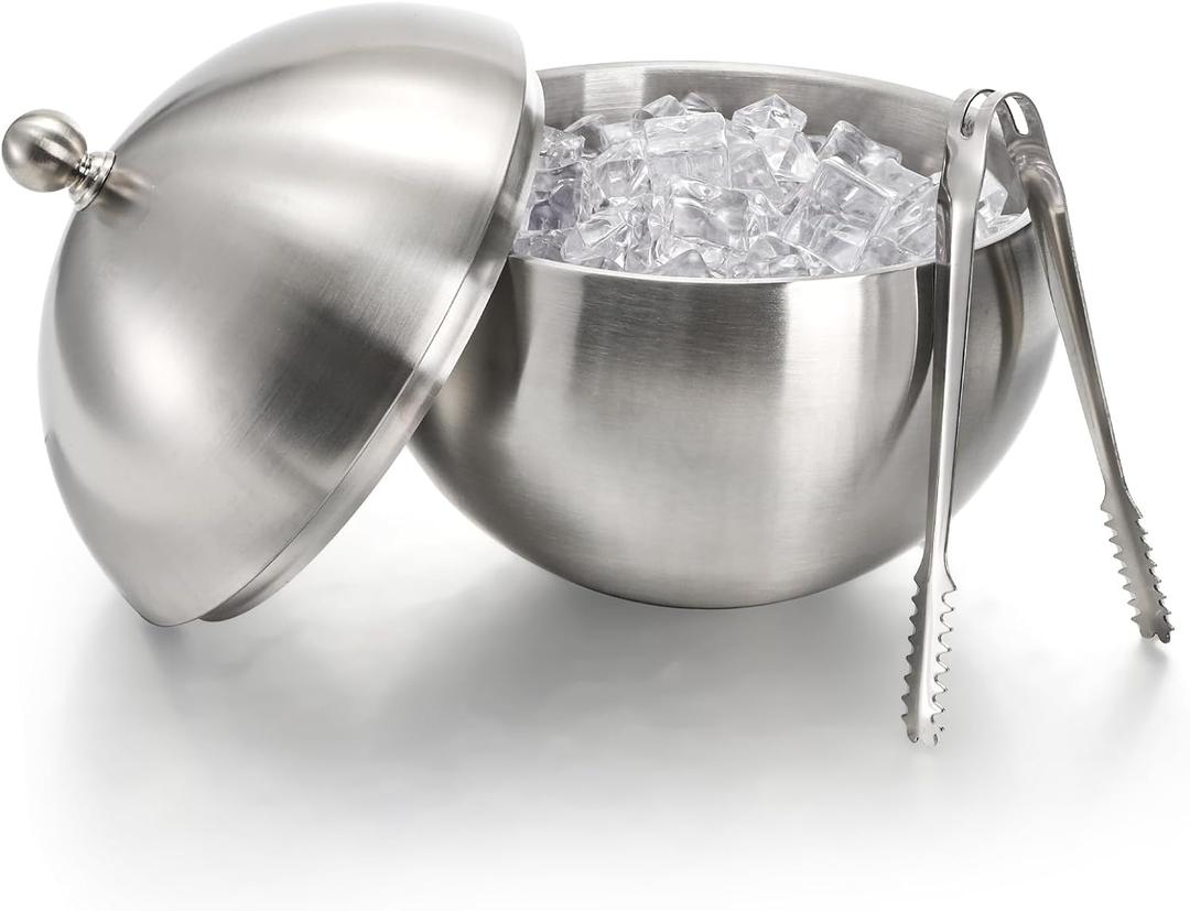 Yesland Ice Bucket with Lid, Double Insulation Ice Box Container Storage Box, 2 L Stainless Steel Ice Bucket Container with Ice Tong Scooper, Spherical Wine Champagne Barrel for Home Party Bar