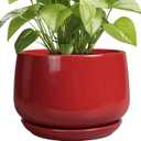 G EPGardening Ceramic Plant Pots - 9 Inch Flower pots for Indoor Outdoor Plant, Round Planter with Drainage and Saucer, Modern Home Decor, Gift for Women Men, Red