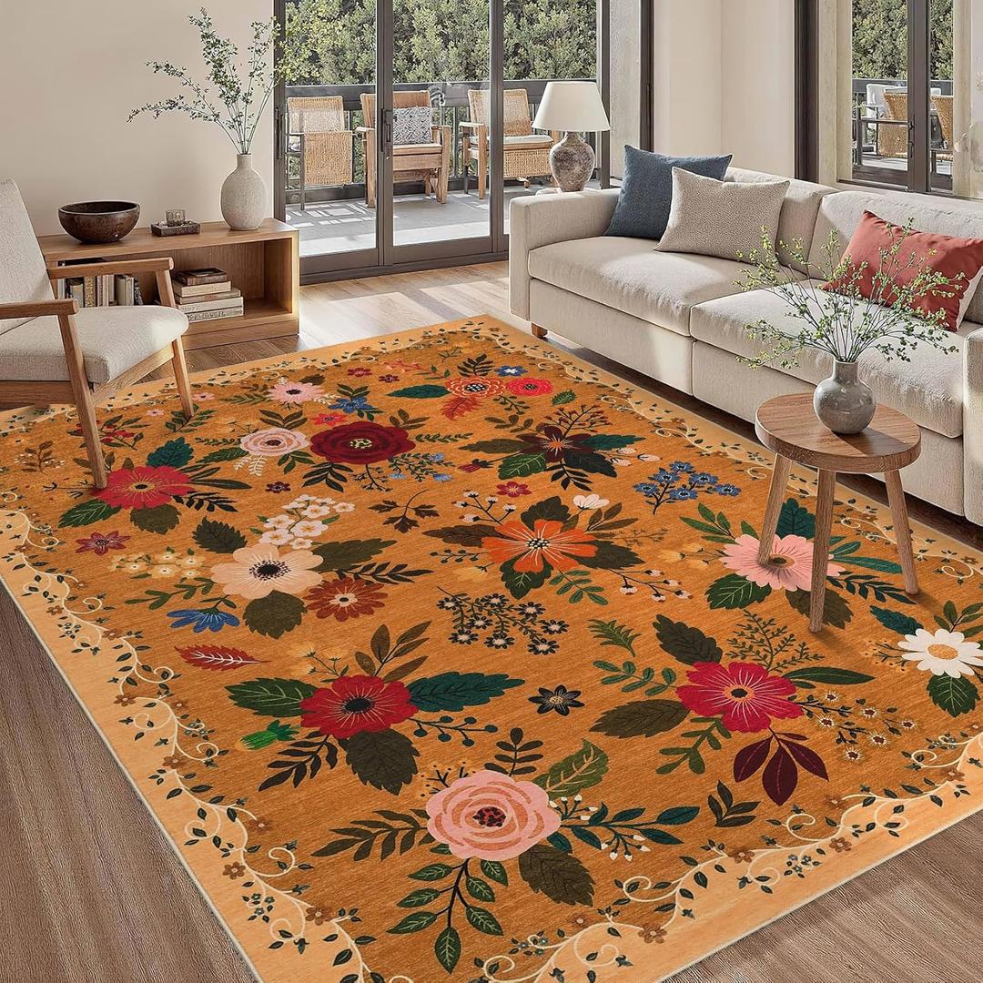 GarveeHome 5x7 Area Rug Boho Floral Rug Non Slip Low Pile Stain Resistant Machine Washable Large Rugs for Living Room, Bedroom, Farmhouse, Dining Room, Kids Playroom, Orange