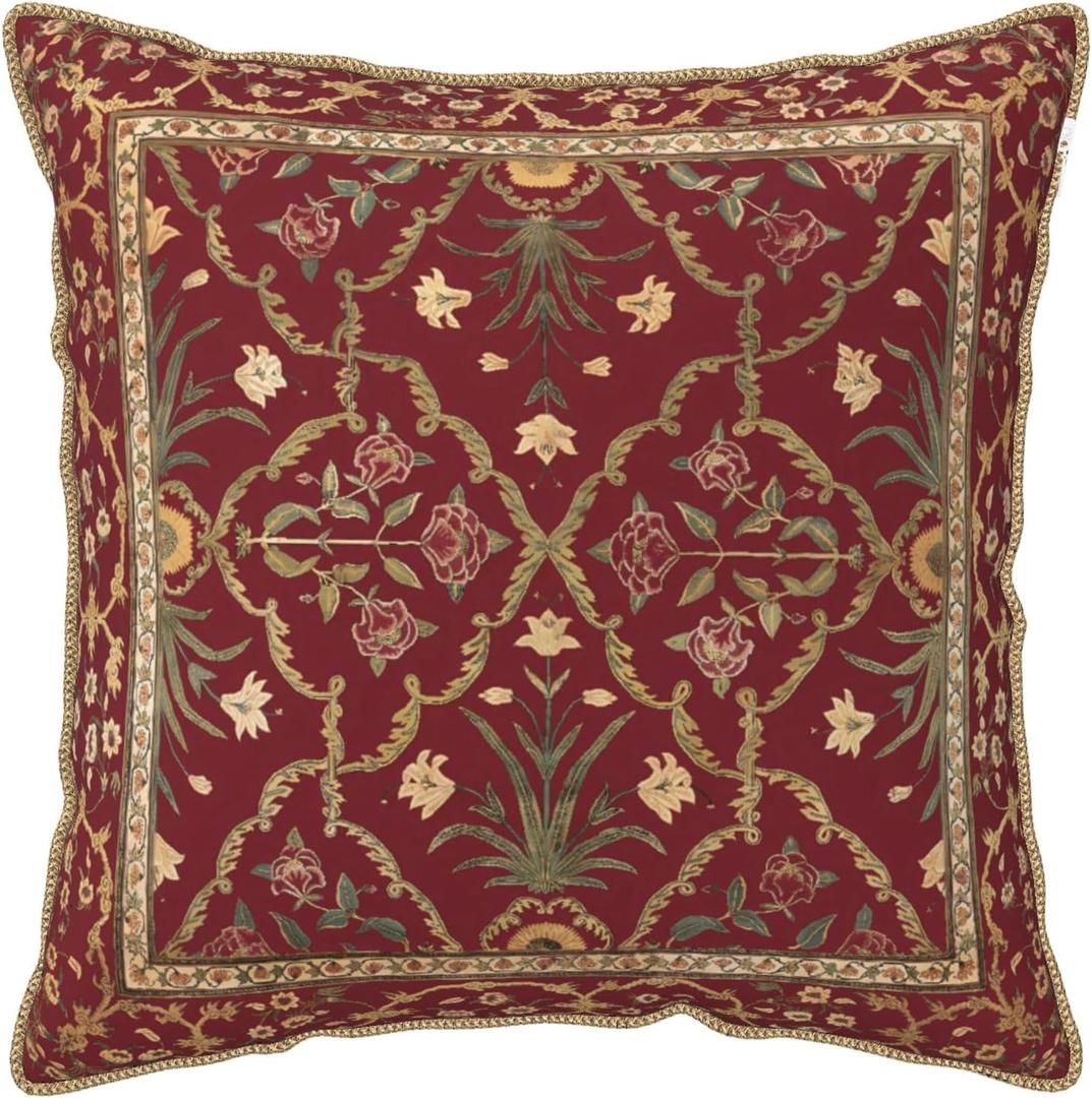 Vintage Tapestry Red Boho Floral Carpet Velvet Throw Pillow Covers 18"x18" Retro Decorative Pillows Cover Soft Cushion Case for Sofa Living Room Bedroom