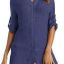 JACWERA Swimsuit Coverup for Women 2024, V-Neck Beach Button Down Bikini Cover Ups Knee-Above Shirt Tops, Navy Blue S