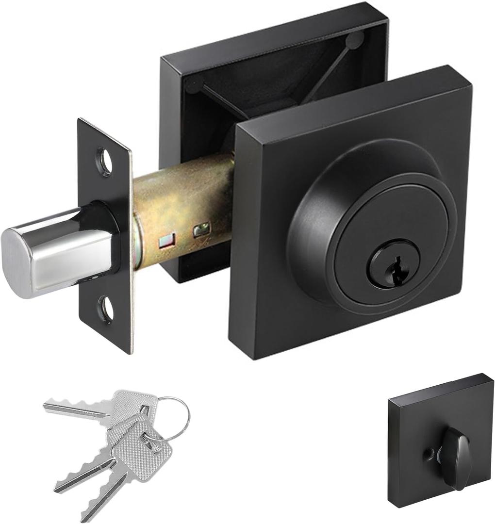 Square Single Cylinder Modern Deadbolt Lock with Keys, Matte Black Deadbolt for Front Door Entrance, Front Door Security Lock, Keyed 1 Side