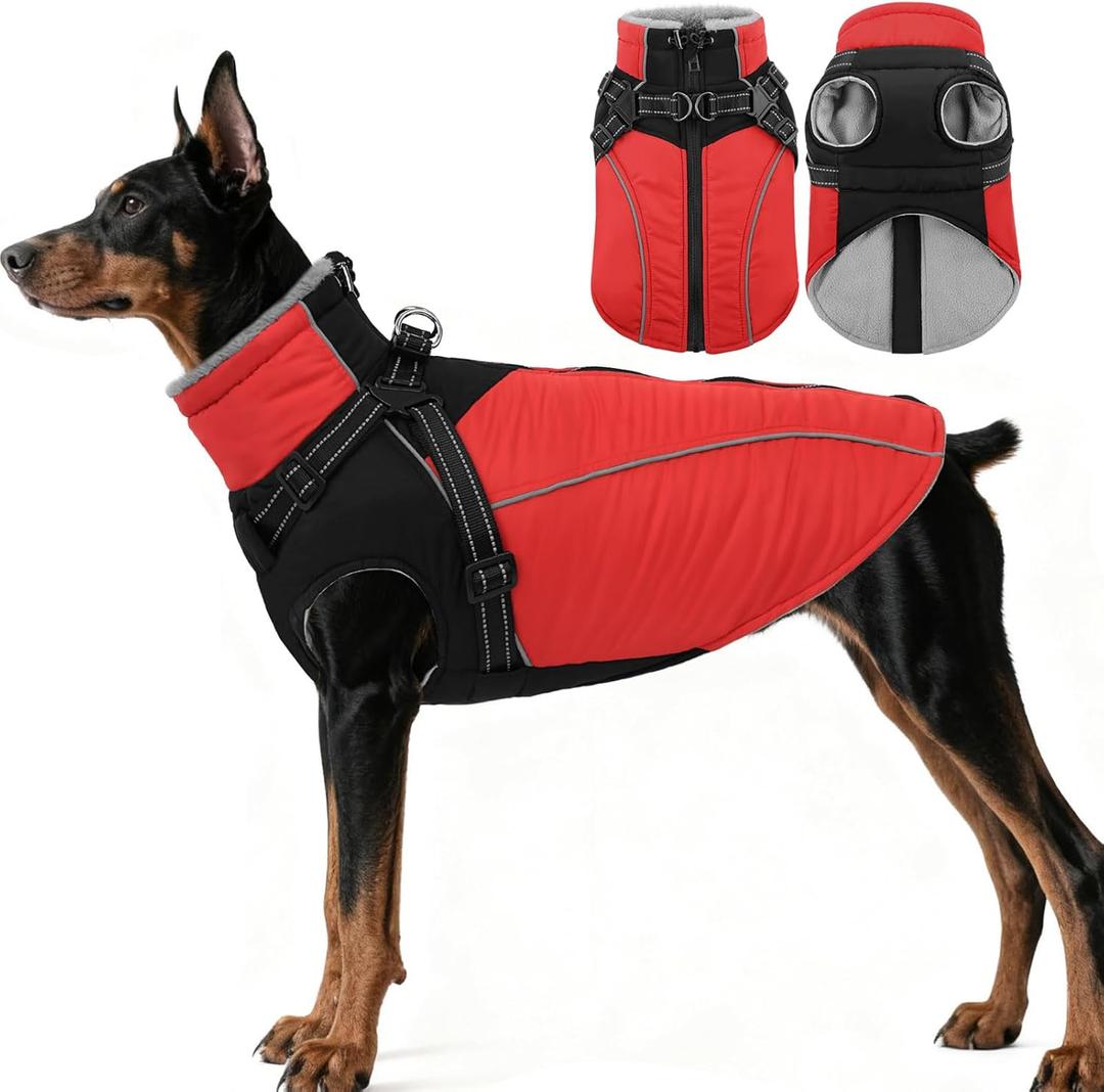 ASENKU Reflective Dog Coat with Built-in Harness, Windproof Fleece-Lined Dog Jacket for Small, Medium, Large Dogs, Warm Winter Vest with Turtleneck & Zipper (Red L)