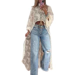 Women Sheer Long Sleeve Lace Duster Robe See Thru Mesh Short Front Long Back Casual Flowy Top Asymmetrical Coverup (L)