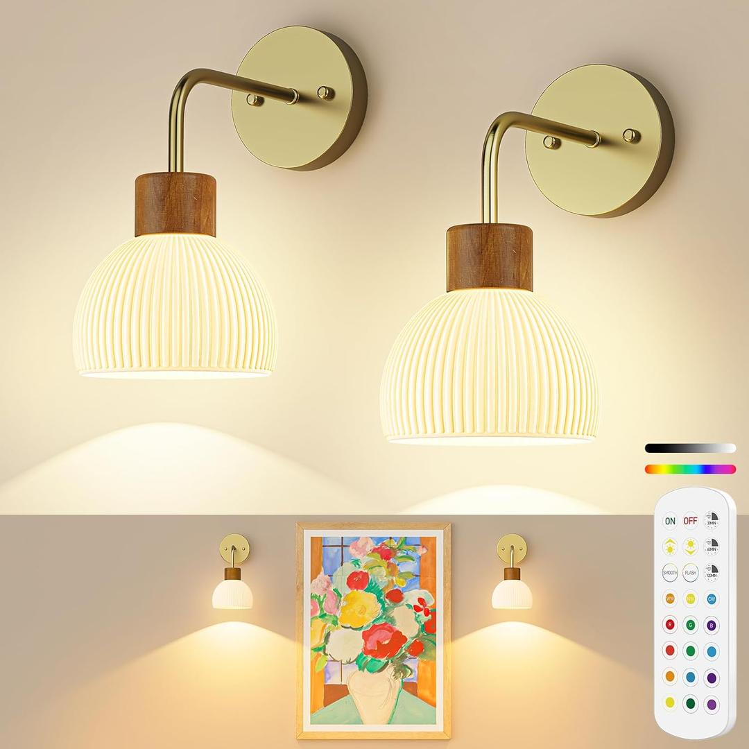 Glass Battery Operated Wall Sconces Set of 2, Rechargeable Wall Lamp with Remote, 12 Colors Dimmable Wireless Sconces Wall Decor Set of 2 with Timer for Bedroom Living Room (Gold, 2 Pack)