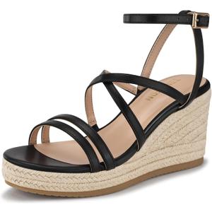 TEMOFON Espadrilles Wedge Sandals for Women: Slip On Elastic Ankle Strap Platform Sandals Dressy Comfortable Summer Wedges Heels Shoes (Black)
