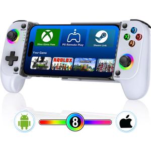 Wireless Mobile Gaming Controller for iPhone/Android, Phone Game Controller Support Phone Case, Colorful Light Hall Joystick, Turbo, Mobile Gaming Gamepad (White)