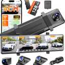 Rear View Mirror Camera,4 Channel Mirror Dash Cam Front and Rear Inside,12" Touch Screen Dash Cam, Backup Camera for Car, 7/24 Parking Monitor, Included Free 128GB SD Card