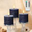 Navy Blue Flameless Candles with Remote and Timer, 3"x3" Real Wax Battery Operated Pillar Candles with 3D Flickering Flame, Set of 3