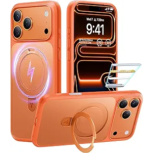 TORRAS for iPhone 17 Pro Case with Stand, Fit for MagSafe, 4X Military Drop Protection, Camera Control Button, Slim Soft Edge Phone Case for iPhone 17 Pro, Translucent Matte Cover 6.3", Bright Orange
