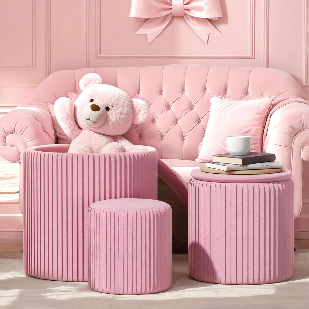 Ottoman Coffee Table,Round Ottoman with Storage Set of 3,Vanity Stool with Storage for Bedroom, Small Velvet Foot Stool for Living Room