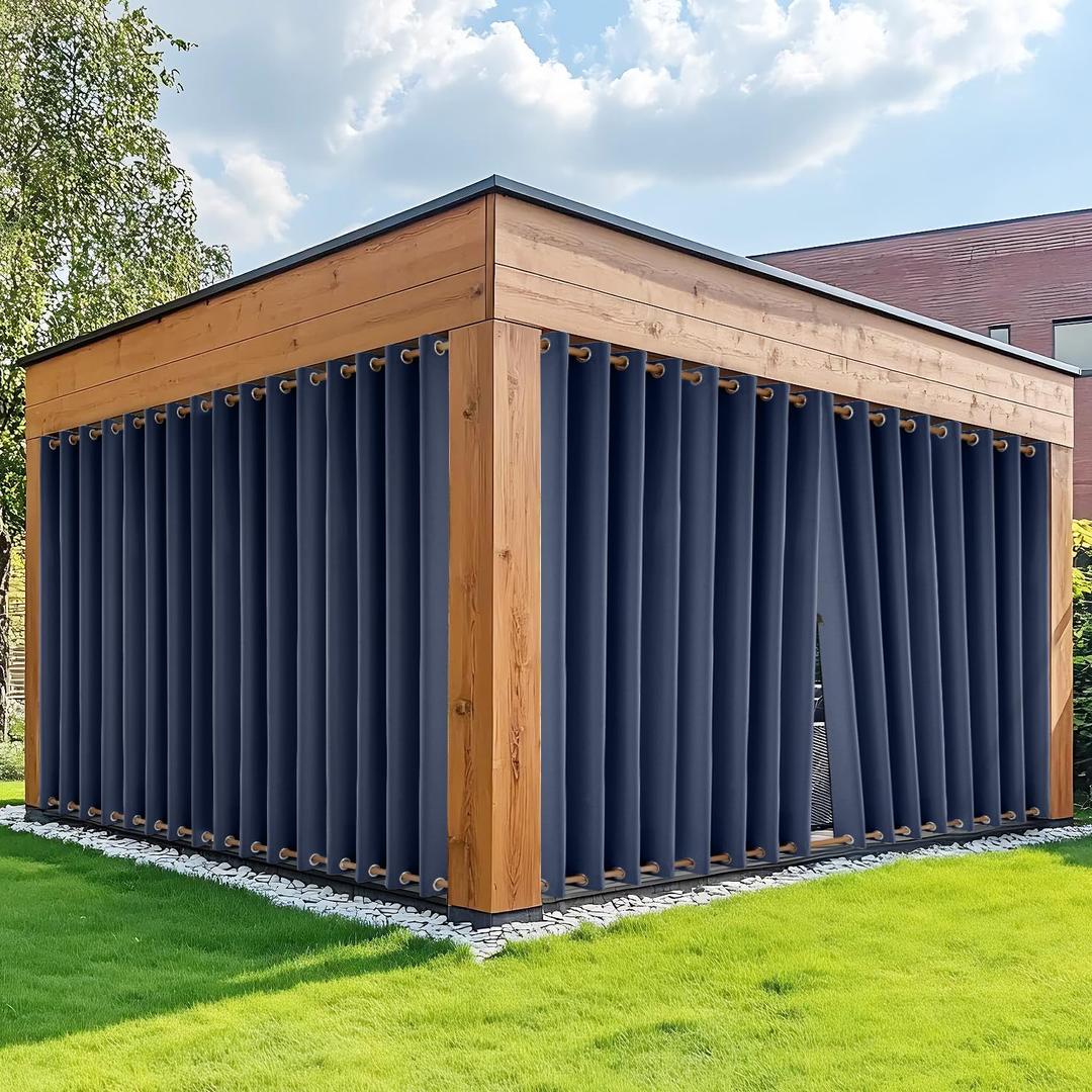 HDCAXKJ Waterproof Outdoor Curtains for Patio with Zipper Top & Bottom Grommet Thermal Privacy Drapes 2 Panels Gazebo Outside Blackout Curtains for Porch Pergola Backyard, 110" W x 108" L, Navy, Was used
