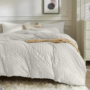JELLYMONI Beige Duvet Cover Twin Size, 3pcs Washed Microfiber Bedding Set, Soft Breathable Seersucker Duvet Cover Set with Zipper Closure and Corner Ties for All Seasons (Twin(68"90"))