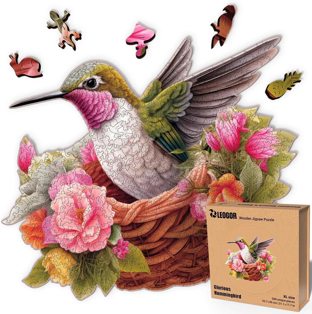 LEOGOR Wooden Puzzles for Adults  500 Piece, 21.1 x 17.7 in Extra-Thick 5mm Wood Puzzles Adult, Bird-Shaped XL Mosaic Jigsaw, Glorious Hummingbird, Unique Hand-Drawn Pieces