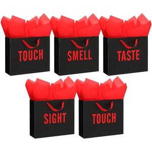 Kolldenn 5 Senses Gift Bags for Him and Her Five Senses Gift Bag with Ribbon Handles and Tissue Paper Present Wrappings for Valentine Wedding Birthday Mothers Day (Black Red,11.8 x 10 x 4 Inch)