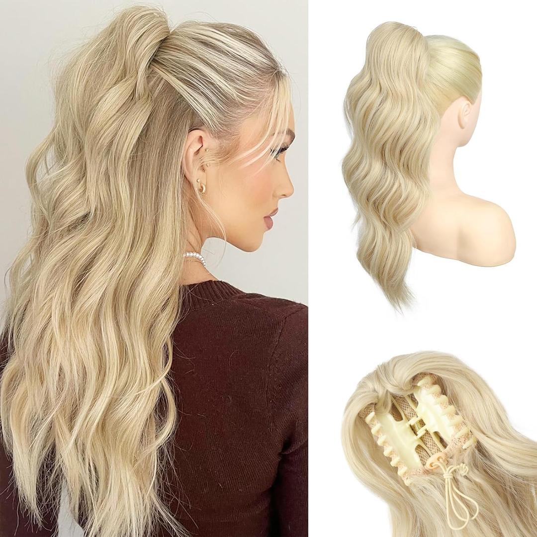 HOOJIH Clip in Ponytail Extension, Ponytail Extension 18 Inch Hair Ponytail Extension Wavy Ponytail Fluffy Soft Clip on Ponytail Synthetic Fiber Ponytail Hair Pieces for Women - Cool Light Blonde