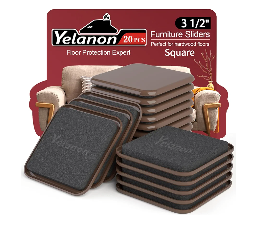 Furniture Sliders, 20 pcs-3 1/2” Square Brown Furniture Sliders for Carpet, Heavy Duty Furniture Movers Sliders, Reusable Furniture Moving Pads, Floor Protectors for Carpet