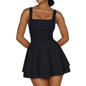 Women's Square Neck Ruffle Hem Mini Dress Ruched Waist Corset Short Party Dresses (Black, XL)