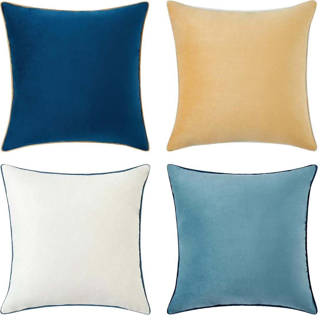 MONDAY MOOSE Decorative Throw Pillow Covers Cushion Cases, Set of 4 Soft Velvet Modern Double-Sided Designs, Mix and Match for Home Decor, Pillow Inserts Not Included (18x18 inch, Blue/Beige)