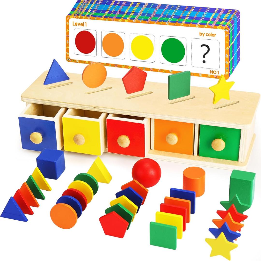 Peacurh Montessori Toys Wooden Color & Shape Sorter Toys for Toddlers 1-3, Matching Box Sorting Blocks Manipulatives Preschool Learning Educational Toy for 1 2 3 4 Year Old Boy Girl Kid Gifts