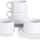 Kanwone Porcelain Stackable Cappuccino Cups with Saucers - 8 Ounce for Specialty Coffee Drinks, Cappuccino, Latte, Americano and Tea - Set of 4, White