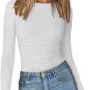 PINKMSTYLE Womens Classic Crew Neck Double Lined Long Sleeve Bodysuit Ruched Slim Fitted Fashion Going Out Fall Tops (S)