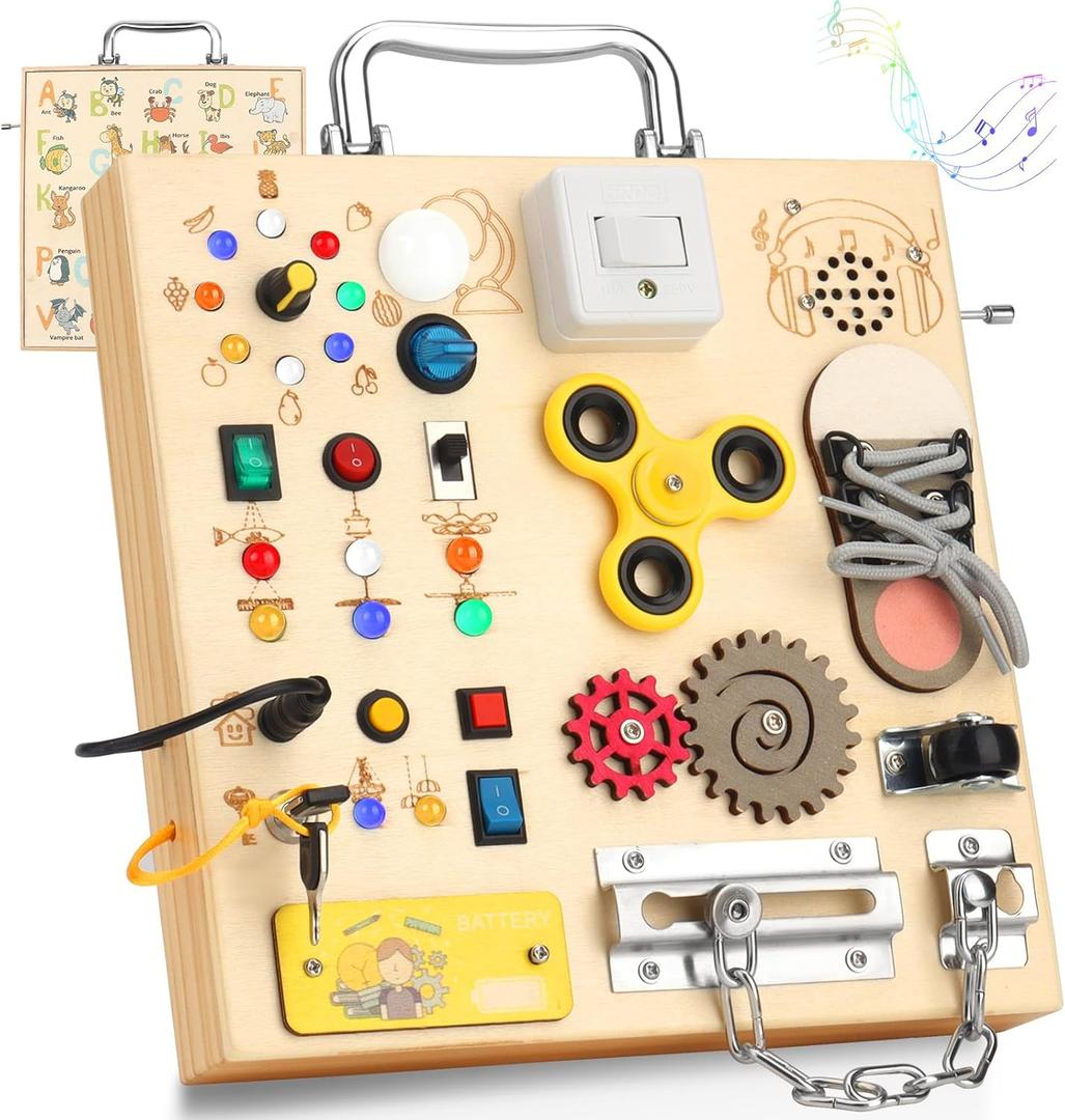 Wooden Busy Board with LED Light Montessori Baby Learning Toys for Toddlers , Sensory Activity Board, Travel Educational Toys, Boy & Girl Birthday Gift (Silver Handle)