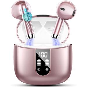 Wireless Earbuds, Bluetooth Headphones 5.4 with ENC Noise Cancelling Mic, 40H Bluetooth Ear buds Stereo Bass with LED Display Charging Case, IP7 Waterproof Wireless Earphones for Android/iOS, Rosegold