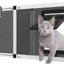 Adjustable Ventilated Pet Door for Window 31.7"-39.3" Wide, White Aluminum Frame + Stainless Steel Mesh | Breathable Bug-Proof | 4-Way Lock Magnetic Closure Cat Window Door,Cat Door for Window Insert