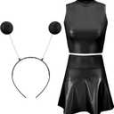 Metallic Top Sleeveless Crop Tank Top Pleated Skirt with Headband for Raves Halloween Cosplay (Large, Black)