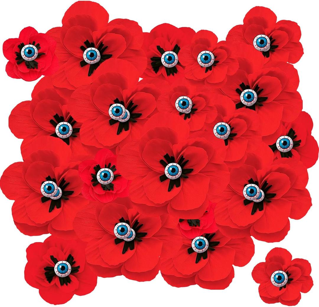 24 Set Halloween Decoration 6-12 Inch Large Poppy Flowers with Horror Props Artificial Crepe Paper Flowers Scary Props for Halloween Indoor Outdoor Wall Table Parties Backdrop Decor(Red)