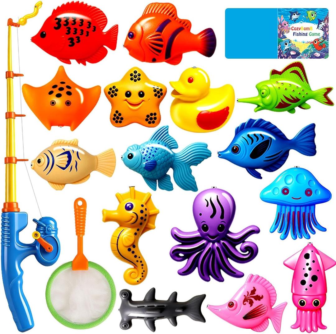 CozyBomB Magnetic Fishing Toys Game Set for Kids | Water Table Bathtub Kiddie Pool Party Pole Rod Net, Outdoor Plastic Floating Fish, Toddler Bath Color Ocean Sea Animals Birthday Gift Age 3-5 6 4-8