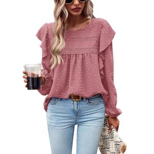 PRETTYGARDEN Women's Long Sleeve Shirts Ruffle Swiss Dot Crochet Loose Fit Tunic Dressy Casual Tops Blouses Spring Fashion (Pink, XS)
