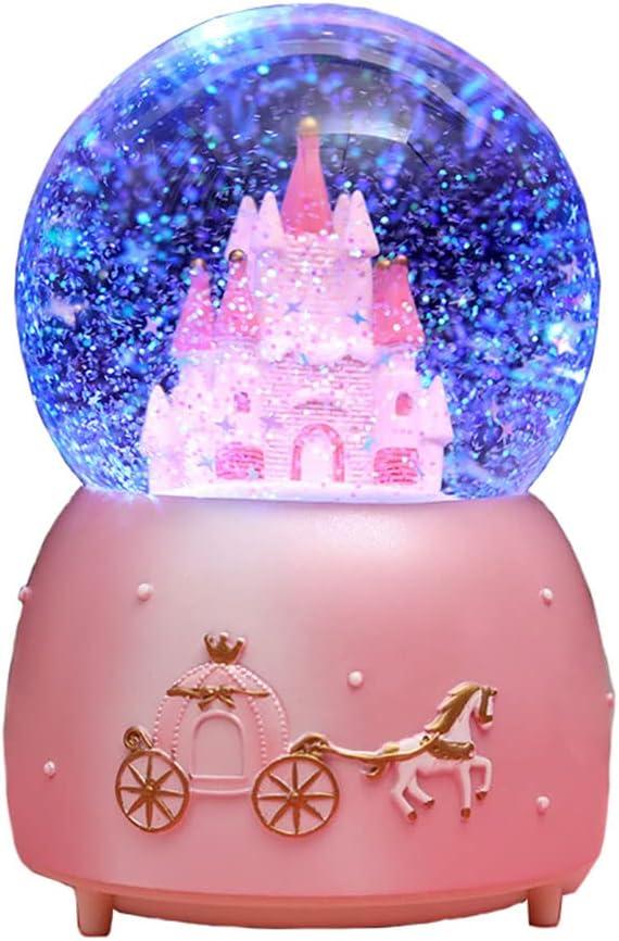 Castle Crystal Ball Music Box LED Light Rotating Musical Box Princess Crystal Globe Auto Snowing Night Light Lamp Gift for Birthday Christmas Thanksgiving Valentines Mother's Day (Pink)