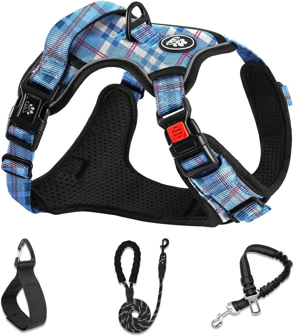 NESTROAD No Pull Dog Harness with Leash, Reflective No Choke Pet Vest Harness,Adjustable Soft Padded Dog Harness with Easy Control Handle for Small Dogs(Checkered Blue,Small) (Sneck 11-15" chest 15-21")