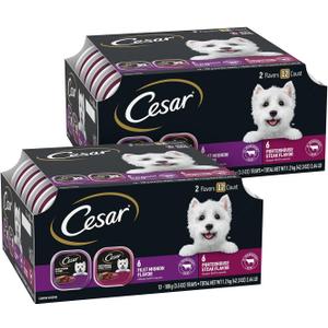 Cesar Wet Dog Food Classic Loaf in Sauce Filet Mignon and Porterhouse Steak Flavors Variety Pack, 3.5 oz. Easy Peel Trays (12 Count, Pack of 2), Best Before 03/22/2027