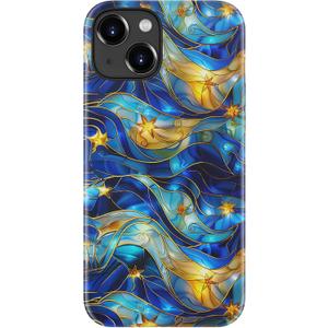 for iPhone 15 Case - Wireless Charging Compatible - Dual-Layer Hard Shell + Silicone Cover - Shockproof Protective Phone Case with Stylish Designs for Women - Abstract Bule Gold Water