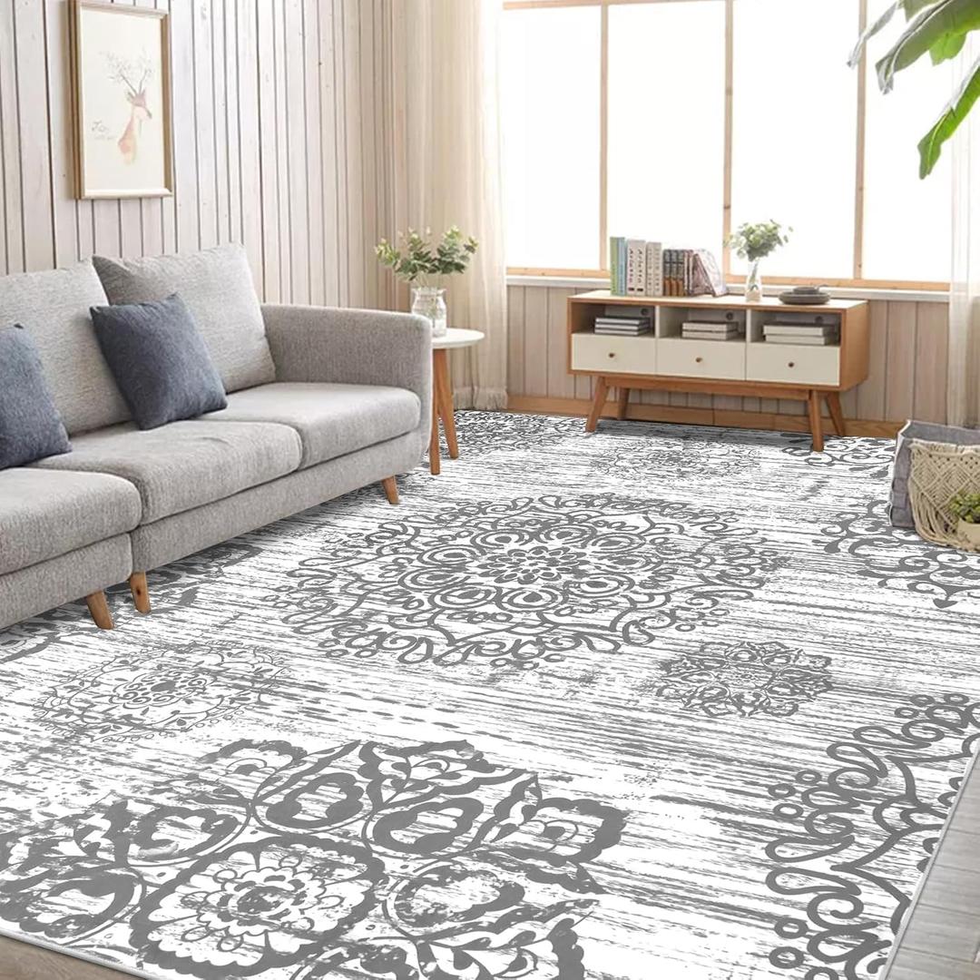 HEBE Washable Area Rug 8'x10' Non Slip Soft Distressed Medallion Bedroom & Living Room Rugs Vintage Entry Floor Carpet for Dining Room Bathroom Entryway