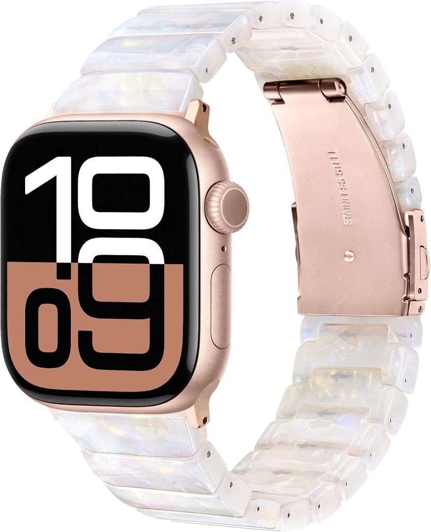 V-MORO Compatible with Apple Watch Resin Bands Series 8/7/9/10 42/41/40/42mm(S10),46/45/44/42mm Fashion Lightweight Bracelet Elegant Wristband for iWatch Series 6/5/4/3/2/1/SE (Colorful Ivory White-Rose Gold), Size: 38mm/40mm/41mm/42(series 10)