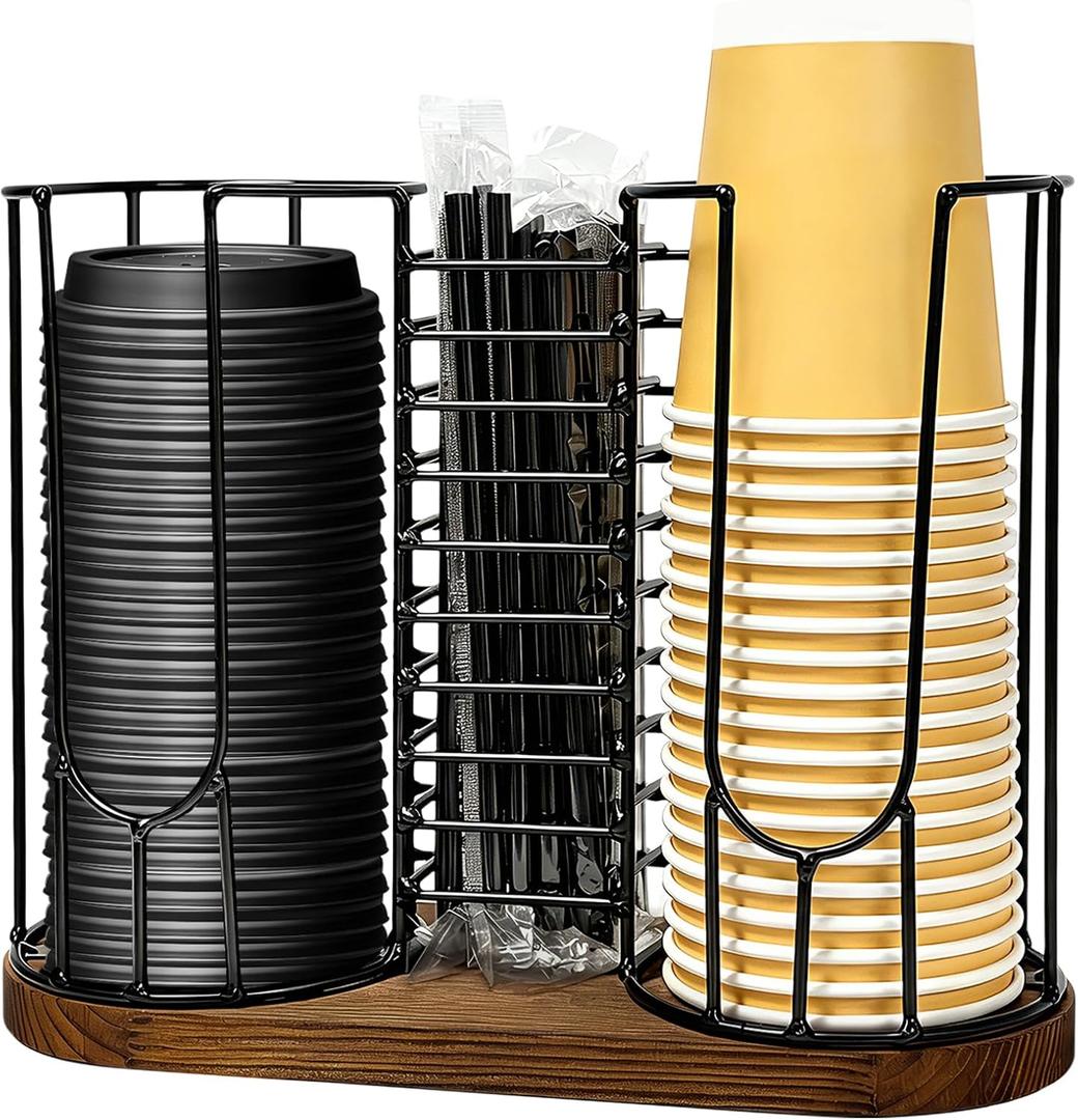 Coffee Cup Holder,18oz Cup and Lid Organizer, Cup Dispenser Rack with Wood Base, Suitable for Countertop Use, Kitchen, Coffee BarStoring Paper Cups, Straws, Lids, Tea Bags(3-Compartment)