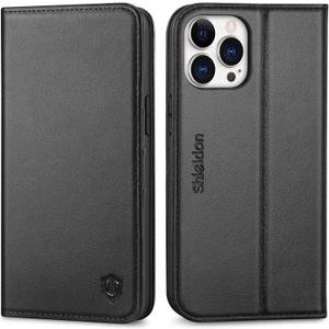 SHIELDON Case for iPhone 12 Pro Max 5G, Genuine Leather Wallet Case Magnetic RFID Blocking Card Holder Kickstand Shockproof Cover Compatible with iPhone 12 Pro Max (6.7" 2020) - Black