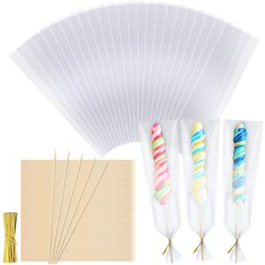 Yexiya Candy Kabob Bags with Sticks100 Cellophane Treat Bags with Twist Ties and 100 Natural Bamboo Skewers 3 x 11 Inches Clear Rod Bag for Packaging Marshmallow Pretzel Treat Candies