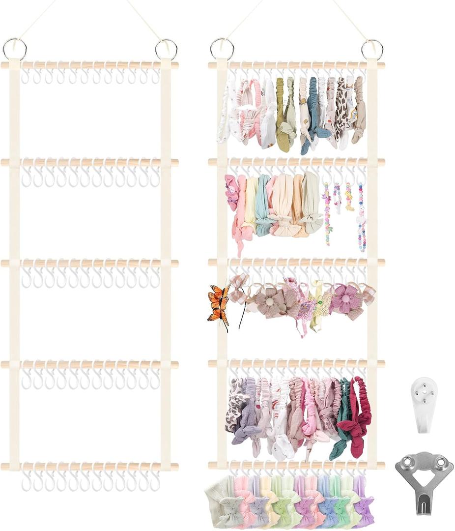 Munzong Headband Holder 52x17 inch, Beige Bow Organizer for Baby Girls, Extra Large Nursery Wall Hanging Clip Storage w/ 60 Hooks, Hair Accessories Organizer Rack Shelf for Toddler Kids Room Decor