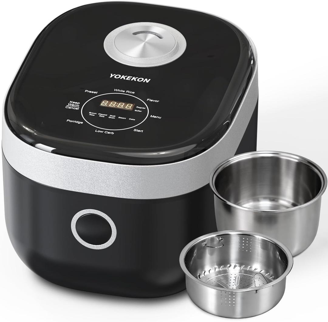 Low Carb & Low Sugar 8 Cup Rice Cooker Stainless Steel Inner Pot PFAS-Free Dishwasher Safe, Large Capacity Rice Cooker Family With 8 Menu Options,Steamer Basket, 24H Delay Timer Auto Keep Warm,Black