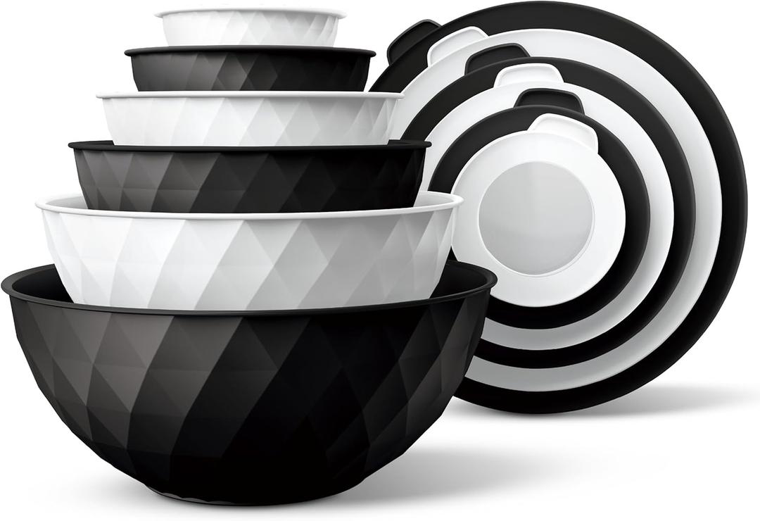COOK WITH COLOR Mixing Bowls with Lids - 12 Piece Plastic Nesting Bowls Set includes 6 Prep Bowls and 6 Lids, Diamond Design - Microwave Safe, Black and White